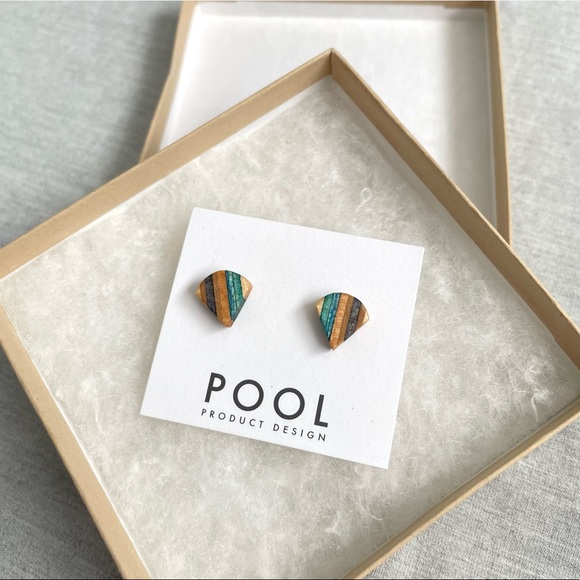 POOL Eco Upcycled Repurposed Wooden Skateboard Stud Earrings - Picture 4 of 4